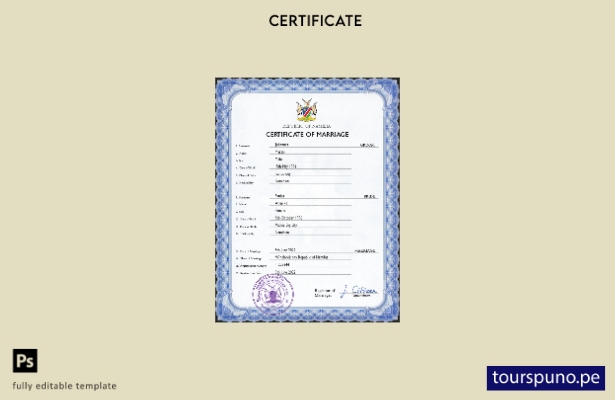 Plantilla PSD de certificado de matrimonio de Namibia lista para imprimir
